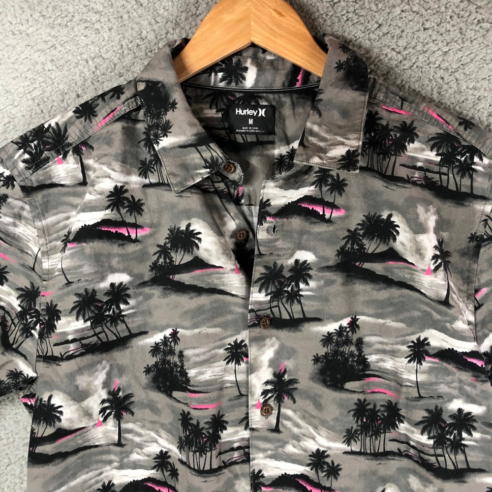 Hurley Mens Short Sleeve Button Down Shirt Gray Pink Tropical Island Palm Tree M - Picture 4 of 10